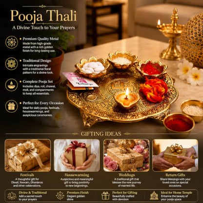 Image 5 of Chhariya Crafts Metal Pooja Thali With Diya (1 Pieces, Gold)
