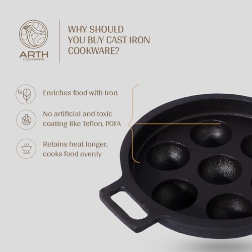 Image 3 of Arth The 7-Pits Pre-Seasoned Cast Iron Paniyaram Pan 22cms Diameter