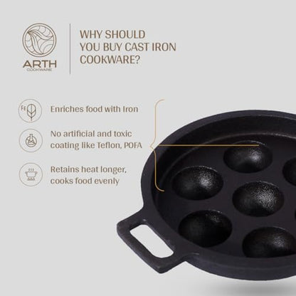 Image 3 of Arth The 7-Pits Pre-Seasoned Cast Iron Paniyaram Pan 22cms Diameter
