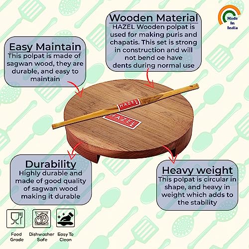 Image 3 of HAZEL Sagwan Polpat Chakla Roti Chapati Maker 23 cm with Wood Roti Roller Belan Rolling Pin 36 cm