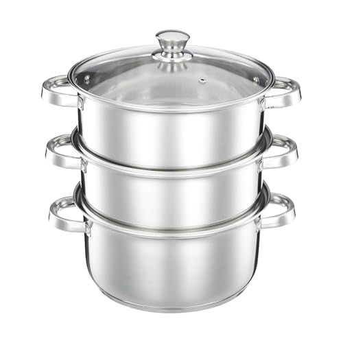 Image 4 of 3 Tier, 5L for the product Solimo - Stainless Steel 2 Tier â Steamer / Idli Cum Modak Maker With Glass Lid- 20 Cm | 3 Liters | Induction Base | Silver