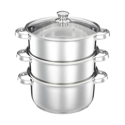Image 2 of 3 Tier, 2L for the product Solimo - Stainless Steel 2 Tier â Steamer / Idli Cum Modak Maker With Glass Lid- 20 Cm | 3 Liters | Induction Base | Silver