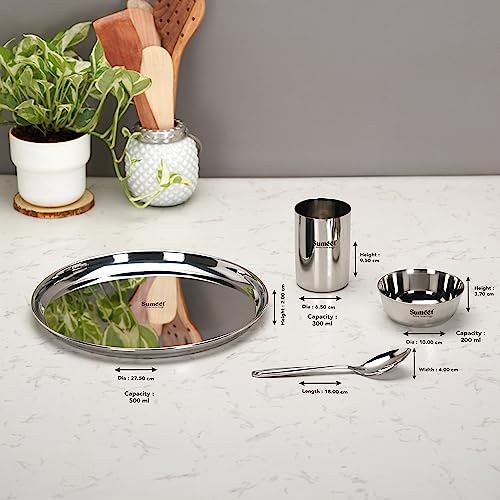 Image 4 of Sumeet Stainless Steel Solid Heavy Gauge Mirror Finish Dinner Set Of 24 Pcs (6 Plate, 6 Bowl/Wati, 6 Glass, 6 Spoon), Silver