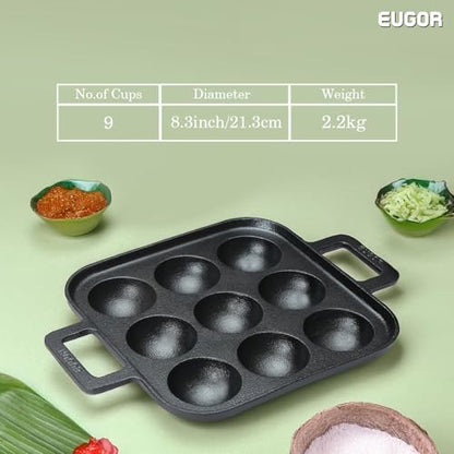 Image 5 of EUGOR Super Smooth Cast Iron Square Paniyaram Pan, 9 Cavity