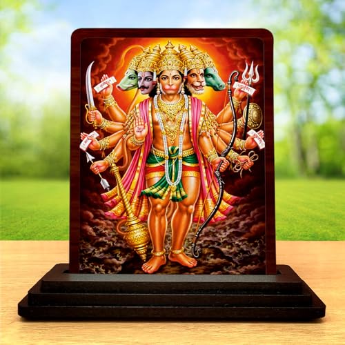 Image 2 of Panchmukhi Hanuman Small Wooden Idol 4x5 Inch Golden Glow HD Printed Home Decor