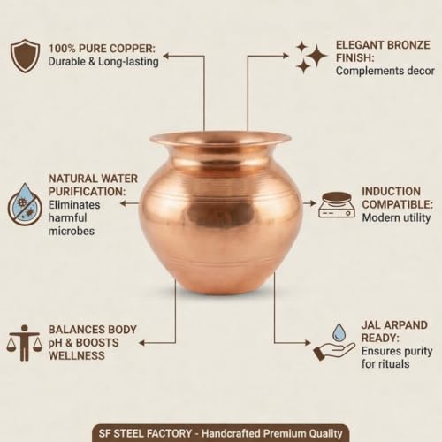 Image 6 of SF STEEL FACTORY Pure Copper Lota for Drinking Water Ayurvedic Tamra Jal Vessel Copper Kalash for Pooja & Health
