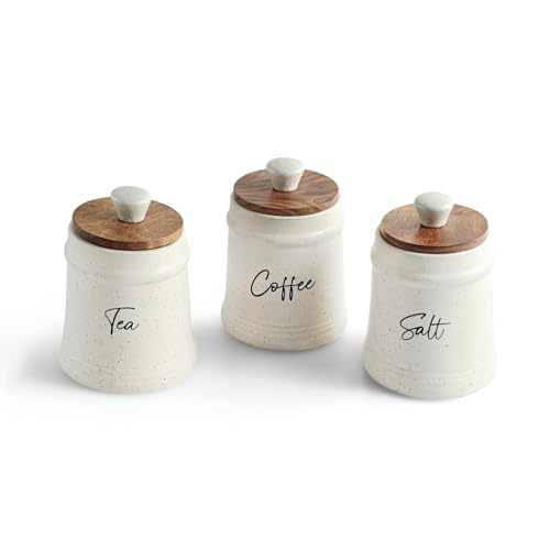 Image 3 of ExclusiveLane 'Daily Rituals' Airtight Ceramic Jars For Kitchen Storage With Wooden Lid Ceramic Containers For Pickle Cookies Sugar Dry Fruits (Set of 3, Airtight, 300 ML, Hand-Embossed, 13.5 Cm)