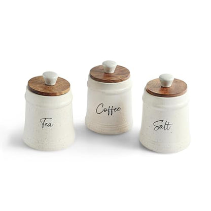Image 3 of ExclusiveLane 'Daily Rituals' Airtight Ceramic Jars For Kitchen Storage With Wooden Lid Ceramic Containers For Pickle Cookies Sugar Dry Fruits (Set of 3, Airtight, 300 ML, Hand-Embossed, 13.5 Cm)