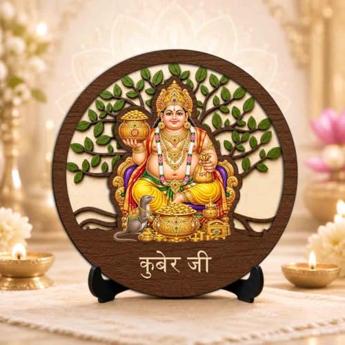 Image 2 of Kuber Ji Round Wooden Devotional Idol with Stand for Puja Room, Home Decor & Religious Gift - 5x5 Inch