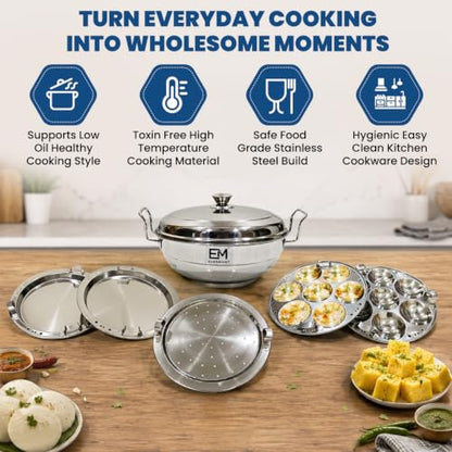 Image 3 of EVERMONT Stainless Steel Idli maker Induction Bas Idli Cooker/Momo Maker/Multi Kadai/Steamer Set|Large Plates 2 Idli|2 Dhokla|1 Steamer|28cm - 4 Ltr, 3.0Kg | 3-Layer Thick Bottom | Gas & Induction Friendly