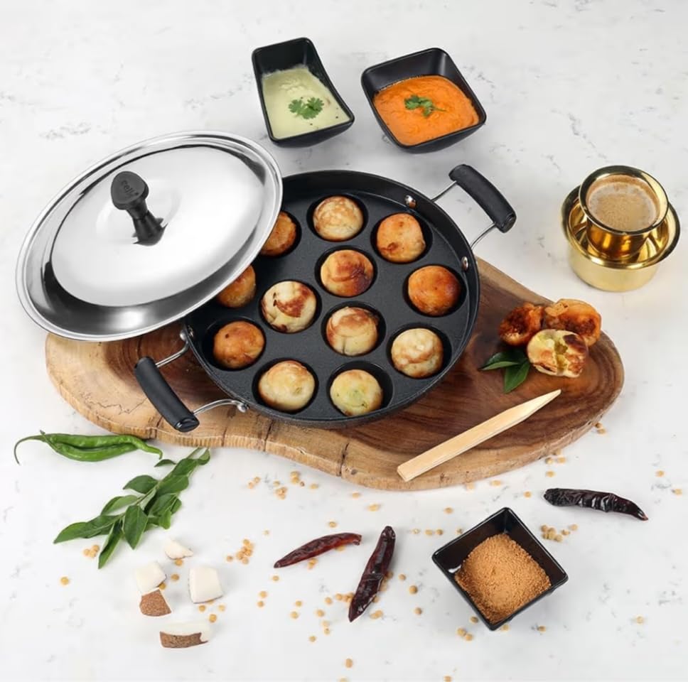 Image 2 of Generic Traditional Non-Stick Appam Patra Pan, 12 Cavity Cast Iron Paniyaram Maker with Stainless Steel Lid, Black, Heavy Duty Handles
