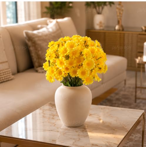 Image 4 of Divyakosh Artificial Daisy Flowers Bunch for Home Decor, Pack of 5 with 150 Yellow Flowers, Faux Floral Arrangement for Vase, Living Room, Wedding, Festive & Party Decoration