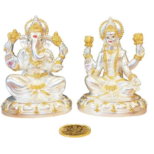 Image 3 of Gold Art India Round Base Laxmi Ganesh Silver Matte Idol 5" Inch