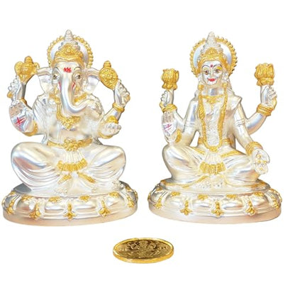 Image 3 of Gold Art India Round Base Laxmi Ganesh Silver Matte Idol 5" Inch