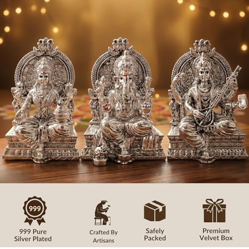 Image 4 of Dev Aastha 999 Silver Plated Lakshmi Ganesh Saraswati Idol for Diwali Decor 3.7 Inch