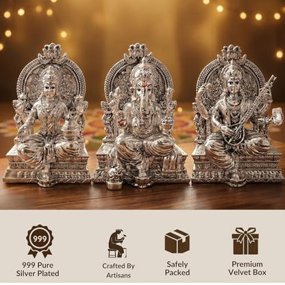 Image 4 of Dev Aastha 999 Silver Plated Lakshmi Ganesh Saraswati Idol for Diwali Decor 3.7 Inch
