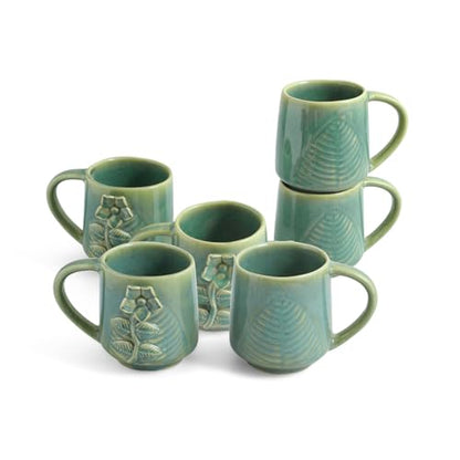 Image 2 of ExclusiveLane Sage Serenity Hand-Embossed Ceramic Coffee Mug Set of 6, 330 ML