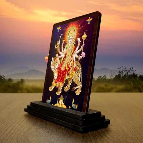 Image 3 of HD Printed Durga MATA Wooden Idol 4x5 Inch Sacred Portrait Spiritual Showpiece