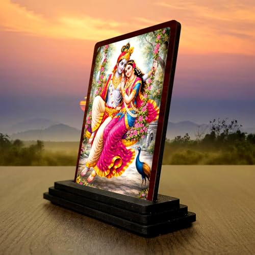 Image 3 of Radha Krishna Ornate Frame Wooden Idol 4x5 Inch HD Printed Table Decor for Home Temple