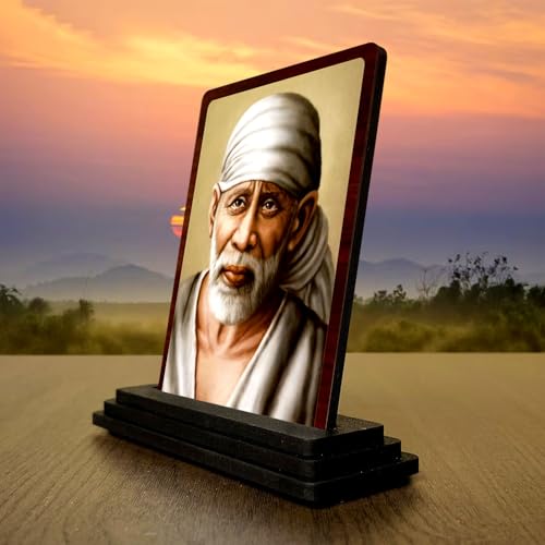 Image 3 of Sai Baba Wooden Idol for Pooja Room 4x5 Inch HD Printed Golden Glow Decor