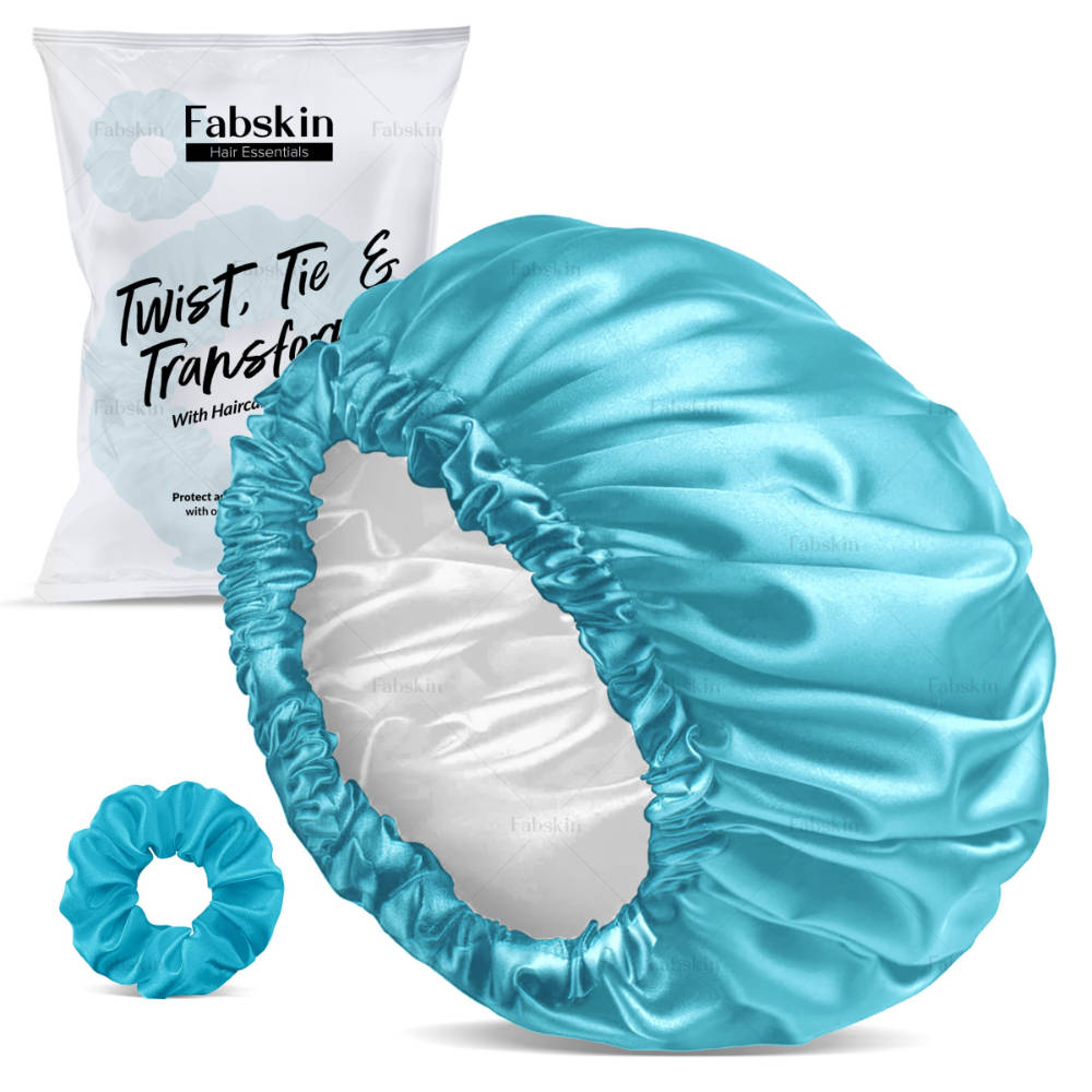 Image 1 of Set Of 2 / Pack of 1 for the product Fabskin Luxury Satin Silk Hair Bonnet Cap For Sleeping With Satin Scrunchie - Sky Blue