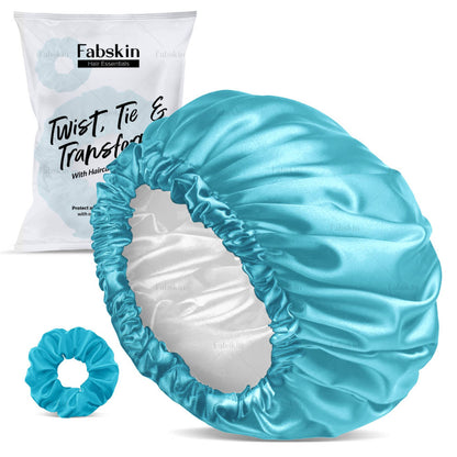 Image 1 of Set Of 2 / Pack of 1 for the product Fabskin Luxury Satin Silk Hair Bonnet Cap For Sleeping With Satin Scrunchie - Sky Blue