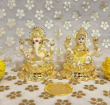 Image 5 of Gold Art India Laxmi Ganesh Gold Plated Off White Terracotta Idol for Home With Coin (2.8 Inch)