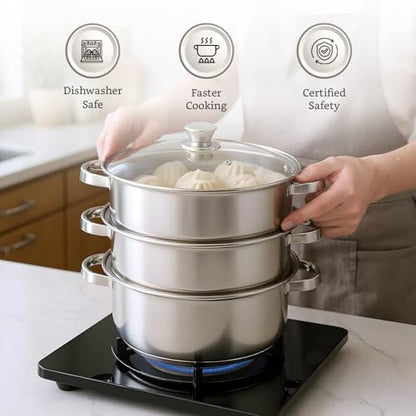 Image 8 of Solimo - Stainless Steel 2 Tier â Steamer / Idli Cum Modak Maker With Glass Lid- 20 Cm | 3 Liters | Induction Base | Silver