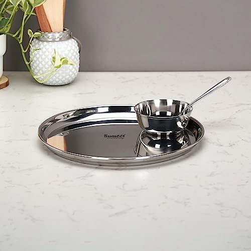 Image 1 of Default Title for the product Sumeet Stainless Steel Heavy Gauge Mirror Finish Dinner Solid Set of 3 Pcs (1 Plate, 1 Bowl/Wati, 1 Spoon), Silver