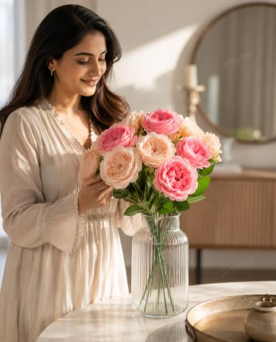 Image 6 of Divyakosh Artificial Flower for Vase (10 Peony Flower Heads), Artificial Flowers Bunch (Vase Not Included), Luxury Floral Centerpiece for Living Room Dining Table Office Decor