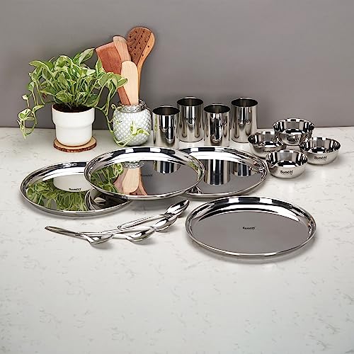 Image 5 of Sumeet Stainless Steel Heavy Gauge Mirror Finish Solid Dinner Set Of 16 Pcs (4 Plate, 4 Bowl/Wati, 4 Glass, 4 Spoon), Silver