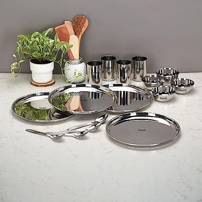 Image 5 of Sumeet Stainless Steel Heavy Gauge Mirror Finish Solid Dinner Set Of 16 Pcs (4 Plate, 4 Bowl/Wati, 4 Glass, 4 Spoon), Silver