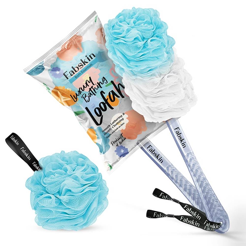 Image 1 of 1 Pc / Pack of 1 for the product Fabskin Loofah Duo Pack- Bath Brush With Long Handle & Round Loofah- For Men & Women- Blue & White