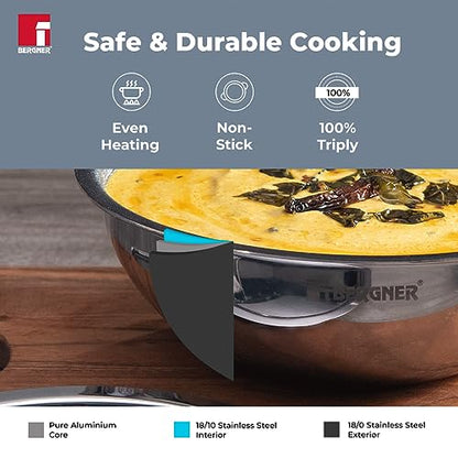 Image 5 of BERGNER Hitech-Peek Triply Stainless Steel Tasla/Tasra Kadai with Steel Lid, 24 cm, Non Stick Performance Coating, Induction Bottom, Gas Ready, Metal Spatula Friendly