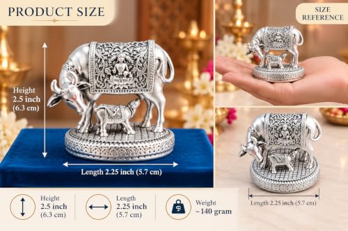 Image 2 of Gold Art India Ganesha Idol for Car Dashboard & Kamdhenu Idol for Vastu Decor (Silver-Matte, Oval)