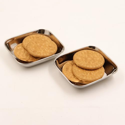 Image 1 of Default Title for the product Spillbox Stainless Steel Halwa Plates Quarter Plates Rectangle Snack Plate Dessert Plate Set Side Dish Mirror Finish BPA Free 50gm Pack of 2