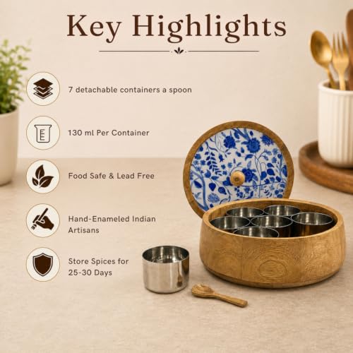 Image 5 of ExclusiveLane Indigo Baagh Wooden Spice Box with Spoon (7 Containers, 130 ml Each)