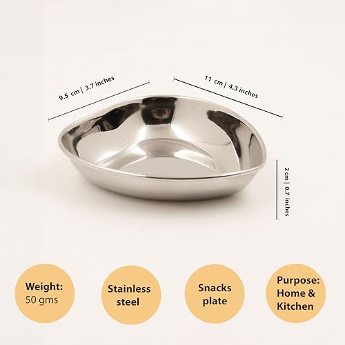 Image 4 of Spillbox Stainless Steel Halwa Plates Quarter Plates Snack Plate Nasta Plate Dessert Plate Set Side Dish Mirror Finish BPA Free 50gm Heart Plate-3