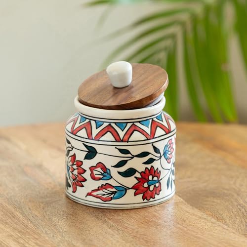 Image 1 of Default Title for the product ExclusiveLane Persian Floral Multi Utility Storage Ceramic Jar with Wooden Lid 660 ml