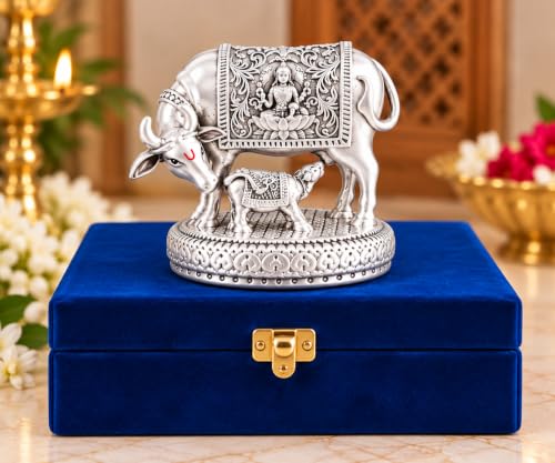 Image 7 of Gold Art India Ganesha Idol for Car Dashboard & Kamdhenu Idol for Vastu Decor (Silver-Matte, Oval)