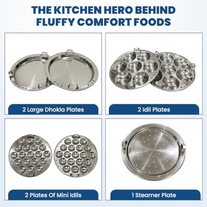 Image 5 of EVERMONT Stainless Steel Multi-Purpose Idli Maker & Steamer for Kitchen | 7 Plates (2 Idli, 2 Mini Idli, 2 Dhokla, 1 Steamer) | Induction & Gas Compatible Multi Kadai | Steamer for Momos, Modak & Vegetables | Heavy Bottom SS 304