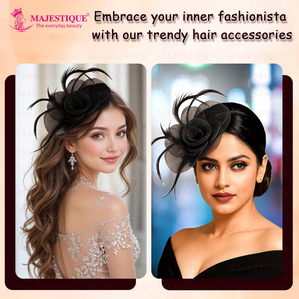Image 4 of Majestique Elegant Fascinator Hat With Mesh Veil And Feather - Black