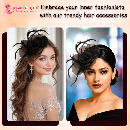 Image 4 of Majestique Elegant Fascinator Hat With Mesh Veil And Feather - Black