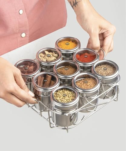Image 1 of Default Title for the product MARU 9 IN 1 Square Masala Box for Kitchen Steel - 130ml Each