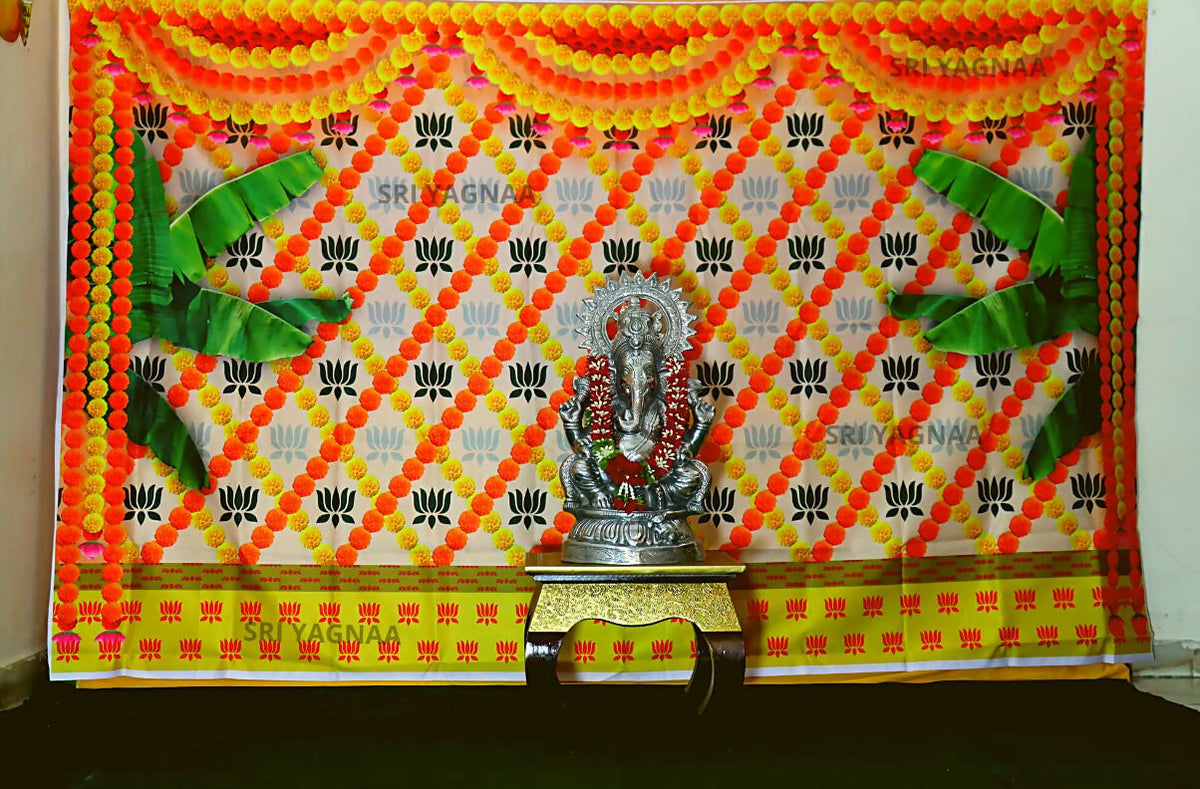 Image 5 of Sri Yagnaa M 38 – Marigold & Lotus Banana Leaf Backdrop Cloth, 8 x 5 Ft