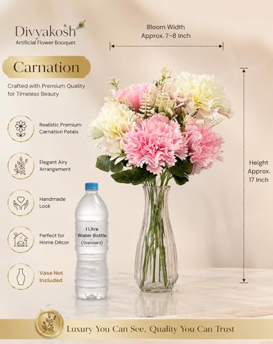 Image 4 of Divyakosh Artificial Flowers Bunch (Vase Not Included), Pink & White Carnation Bouquet - 7 Flower Heads, Artificial Flower for Vase, Flower Bouquet Gift for Living Room,Table Office, Centerpiece