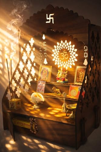Image 2 of STEPn'SPACE Wooden Temple for Home Big Size Mandir LED Light & Step Wall Hanging Puja Mandir for Home Temple for Office Pooja Stand with Storage XL-D28x W38x H55cm