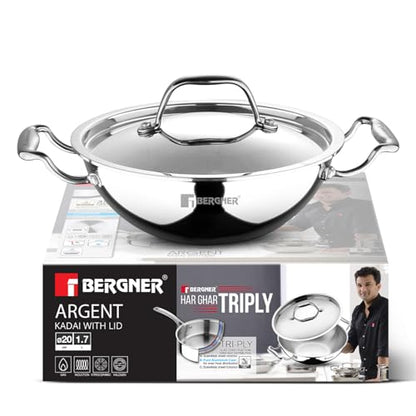 Image 1 of 20 cm / Kadhai for the product BERGNER Argent TriPly Stainless Steel Kadai with Stainless Steel Lid