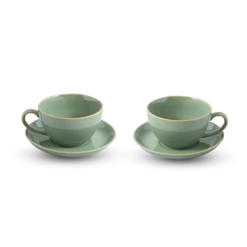 Image 2 of ExclusiveLane Sage Serenity Hand Glazed Porcelain Tea Cups Set of 2 with Saucer 280 ML