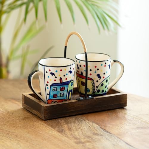 Image 1 of Default Title for the product ExclusiveLane The Hut Ceramic Tea & Coffee Mugs with Wooden Tray Set of 2 270 ml